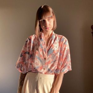 Vintage 80's Floral Blouse Pleated Collar